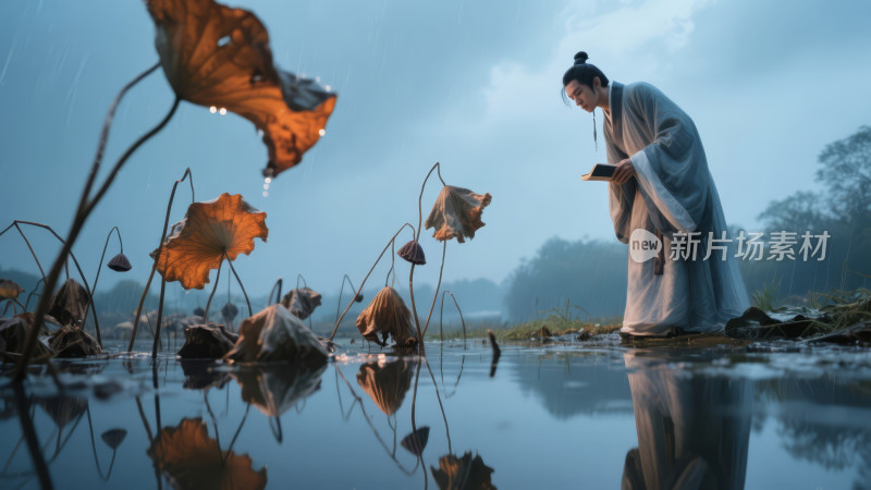 古风书生雨中残荷禅意唯美背景图