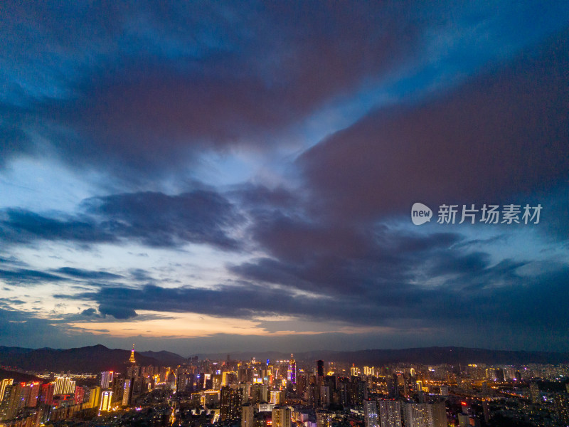 西宁城市夜幕降临夜景航拍图