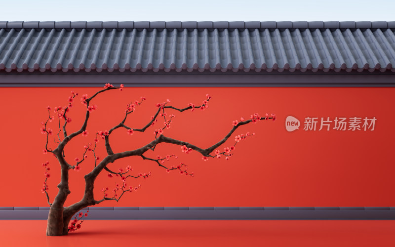 梅花与中国风红墙3D渲染