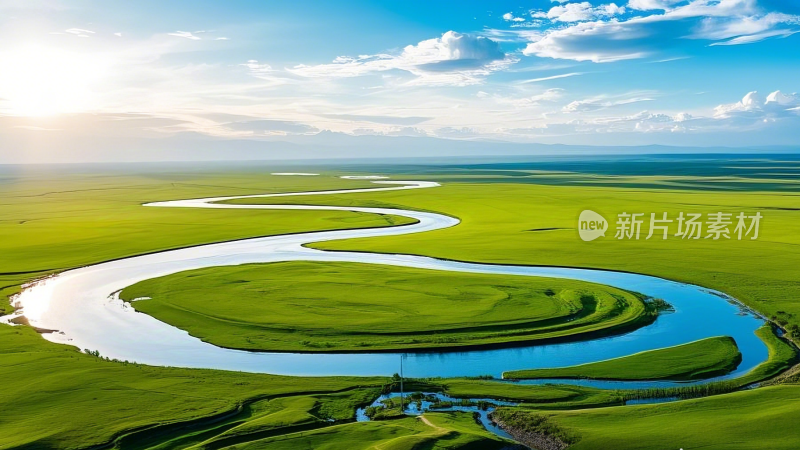 航拍九曲黄河在辽阔的大草原静静地流淌