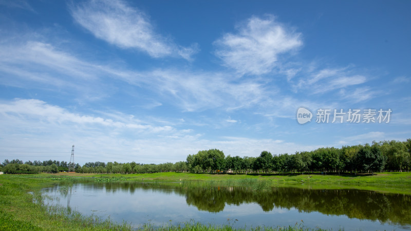 湿地公园蓝天白云河边绿草地