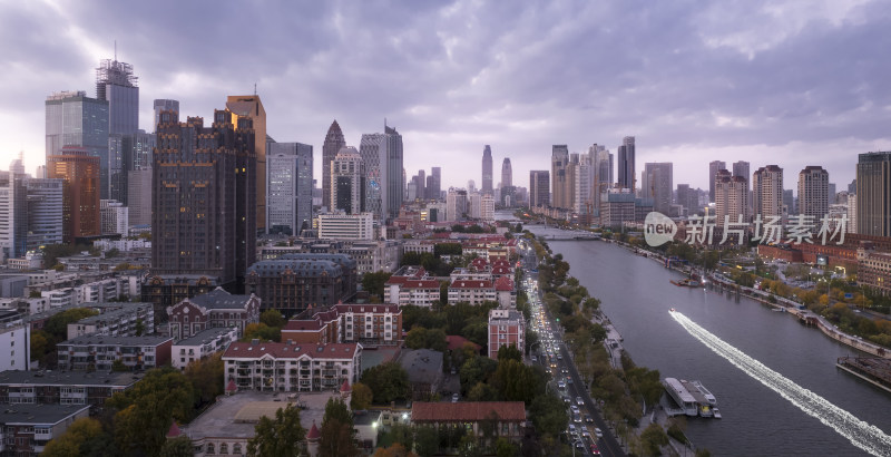 天津海河风景线小白楼商业圈城市日落风光