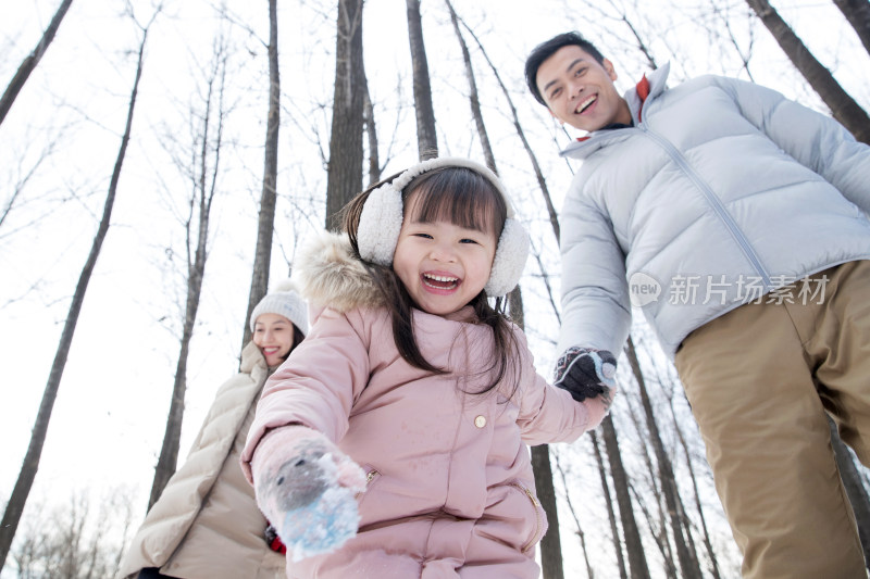 欢乐家庭在雪地里玩耍