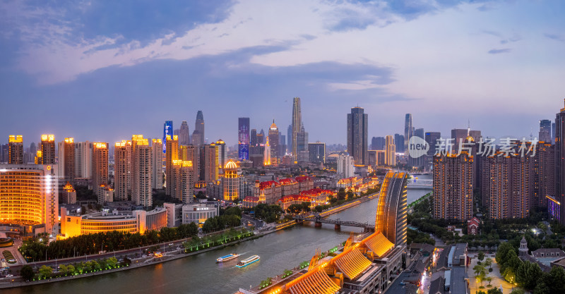 天津海河古文化街码头城市夜景风光航拍