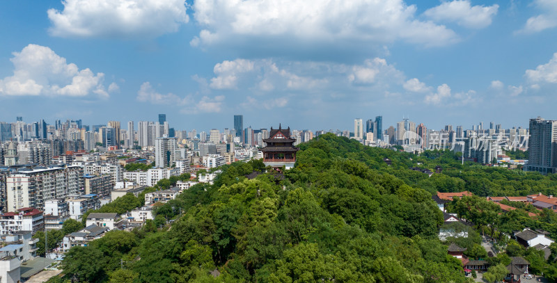 武汉地标黄鹤楼蓝天白云城市风光建筑航拍