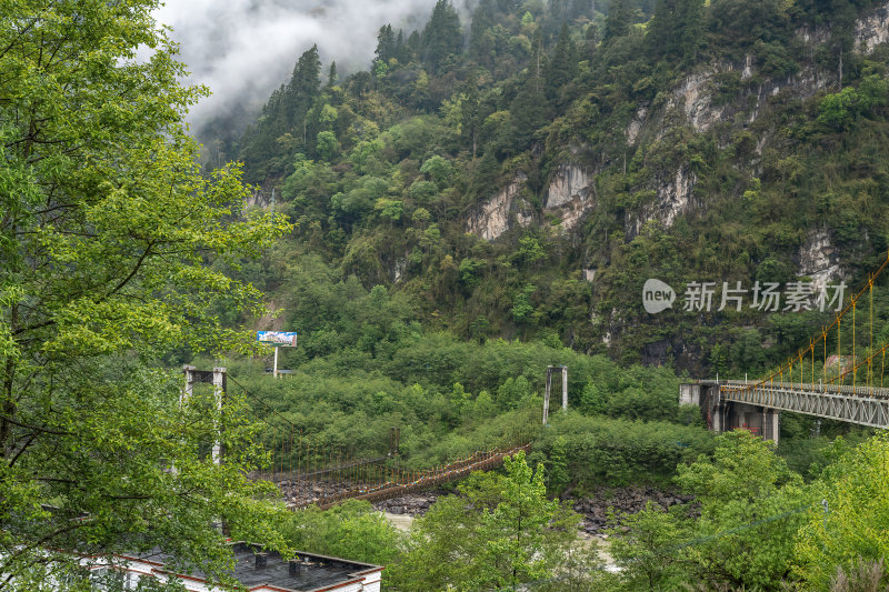 西藏林芝通麦特大桥云雾缭绕的峡谷吊桥