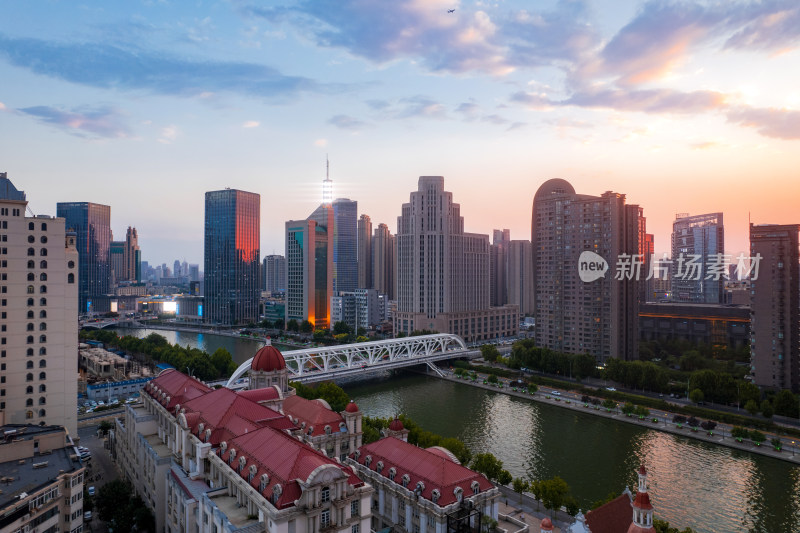 天津海河风景奥式风情区城市日落风光航拍