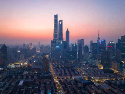 航拍上海浦东新区陆家嘴城市夜景