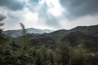 阳光照耀下绵延起伏的莫干山