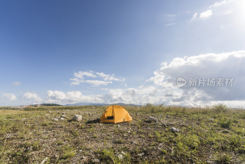 野外草地中放置着一顶黄色帐篷