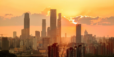 高清城市CBD夕阳日落实拍场景