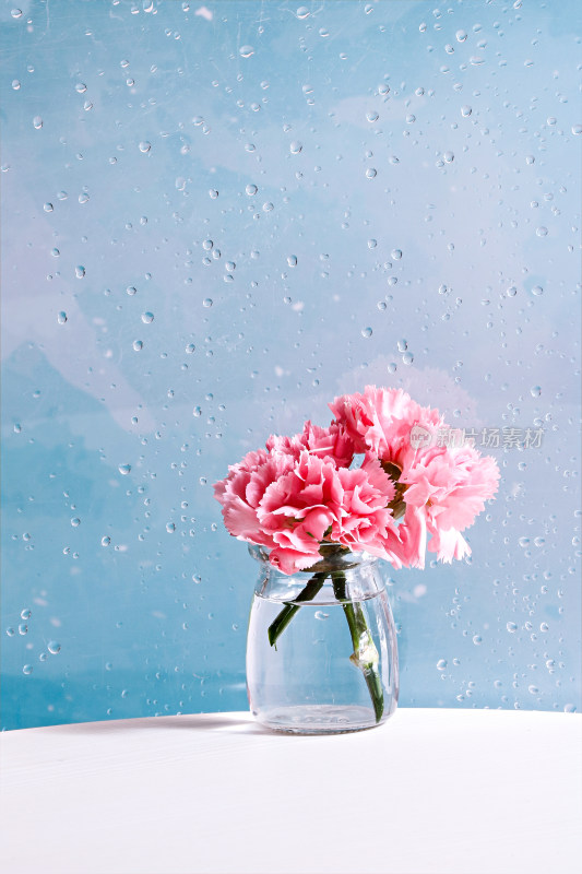 透过挂满雨滴的窗外看鲜花康乃馨