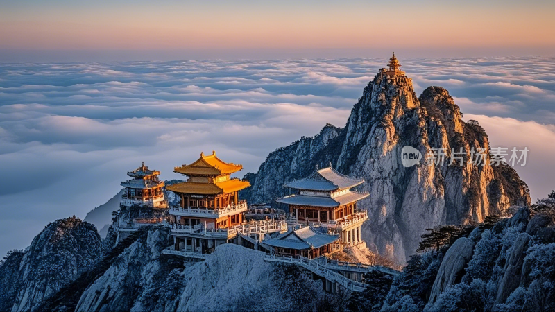 云海日出下的老君山古建筑景观