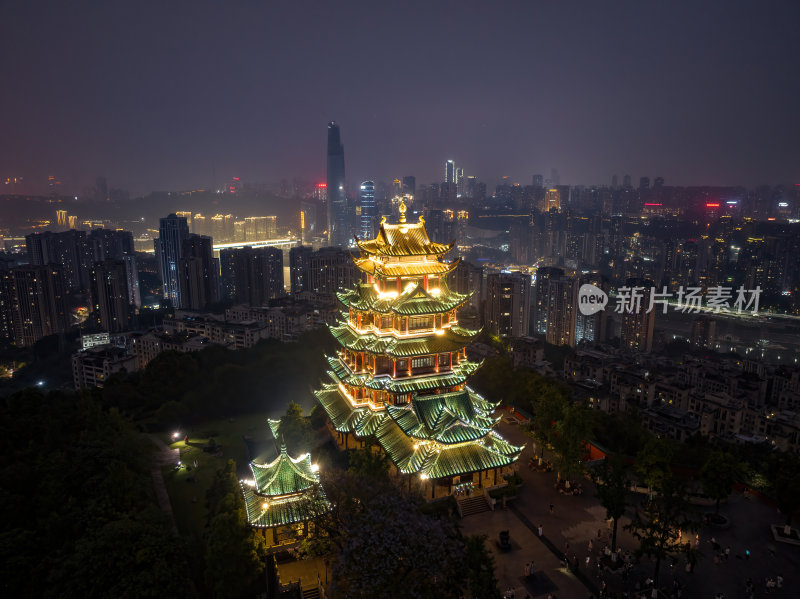 重庆网红寺庙鸿恩寺夜景古塔高空航拍