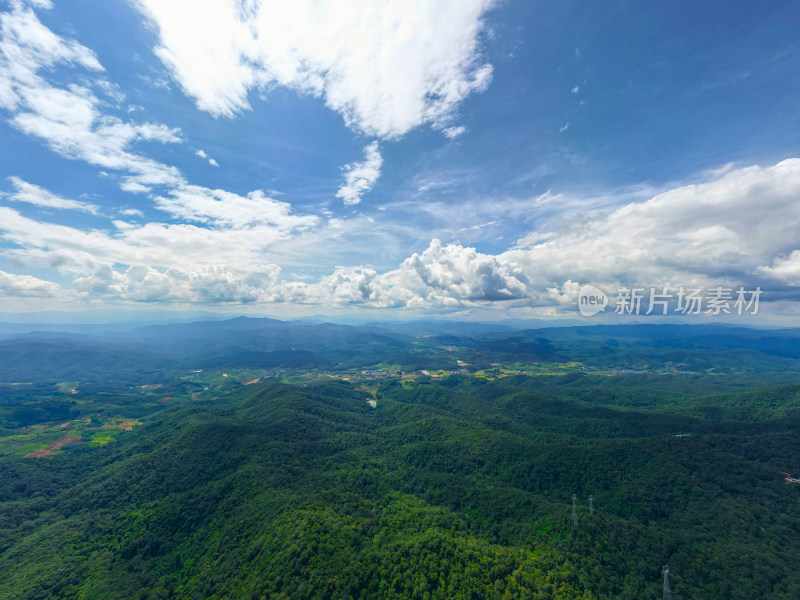 航拍天空高山农田田园村寨风光