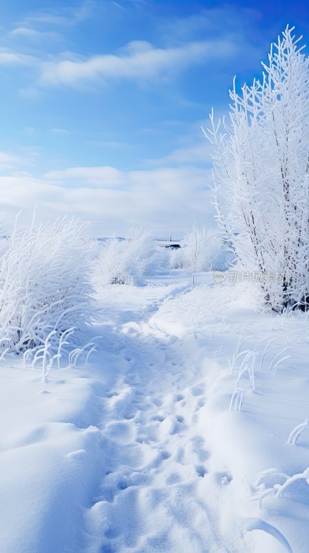 大雪过后被积雪覆盖的山林与小路