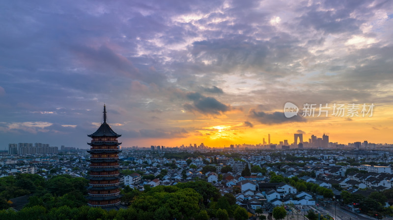 苏州城市姑苏区北寺塔清晨日出东方之门航拍