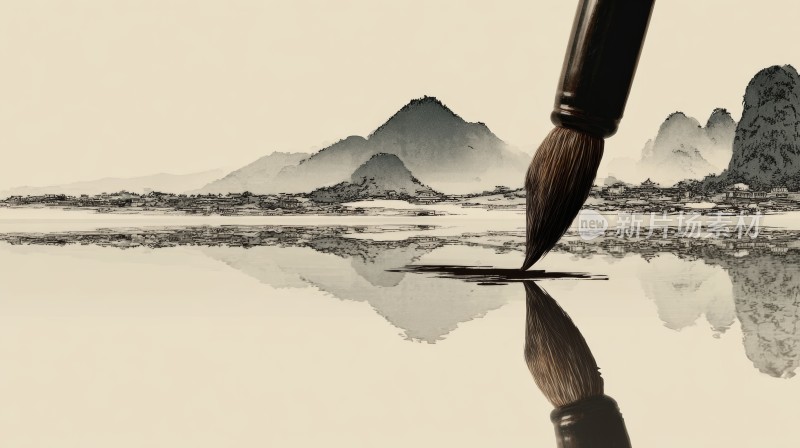 毛笔笔触于水墨山水间