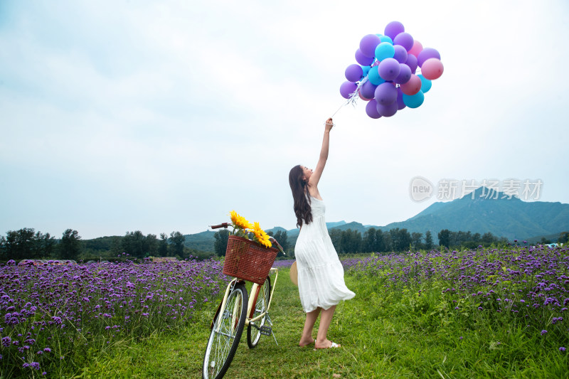 青年女人站在花海里