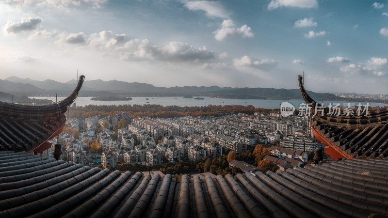 中式建筑湖泊全景-从城隍阁看西湖全景