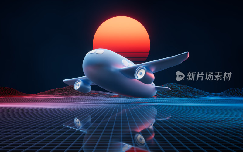 飞机与复古蒸汽波风格3D渲染