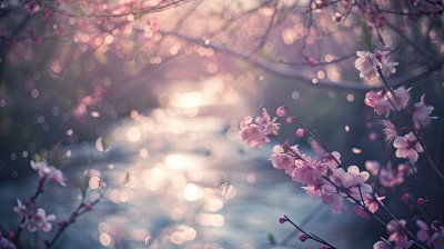 春天唯美梦幻溪水边的桃花
