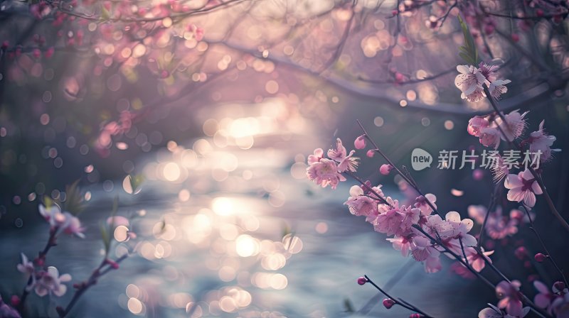 春天唯美梦幻溪水边的桃花