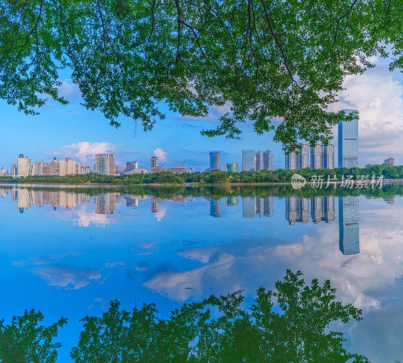 广西南宁南湖公园城市摩天大楼与蓝天白云