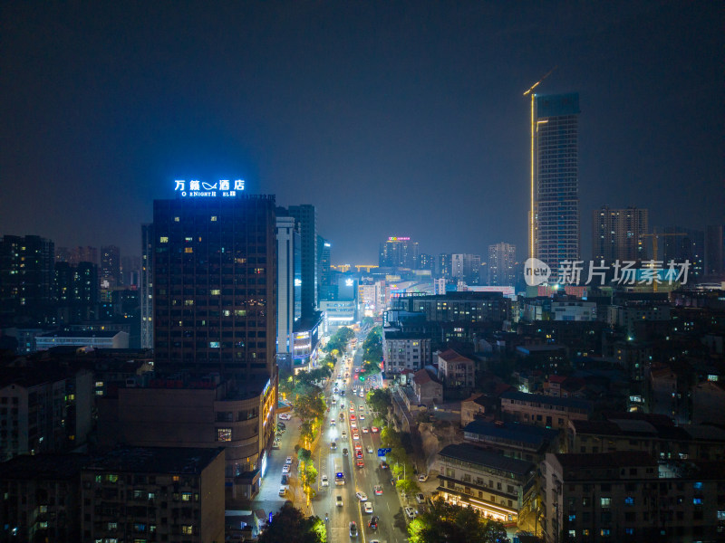 湖南岳阳城市风光岳阳商业街夜景航拍