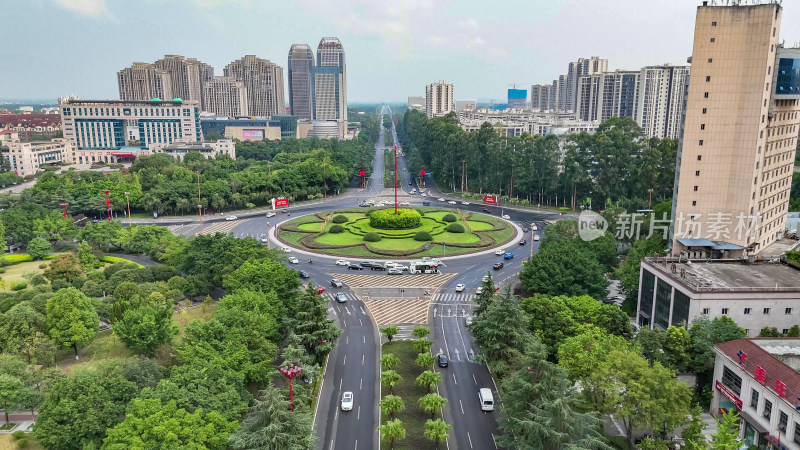 城市绿化植物眉山交通转盘航拍图