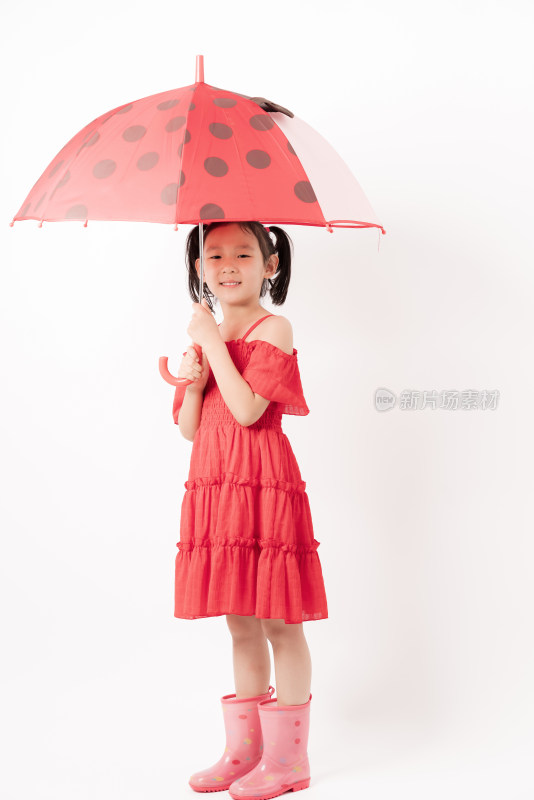 站在白色背景前撑开雨伞的女孩形象