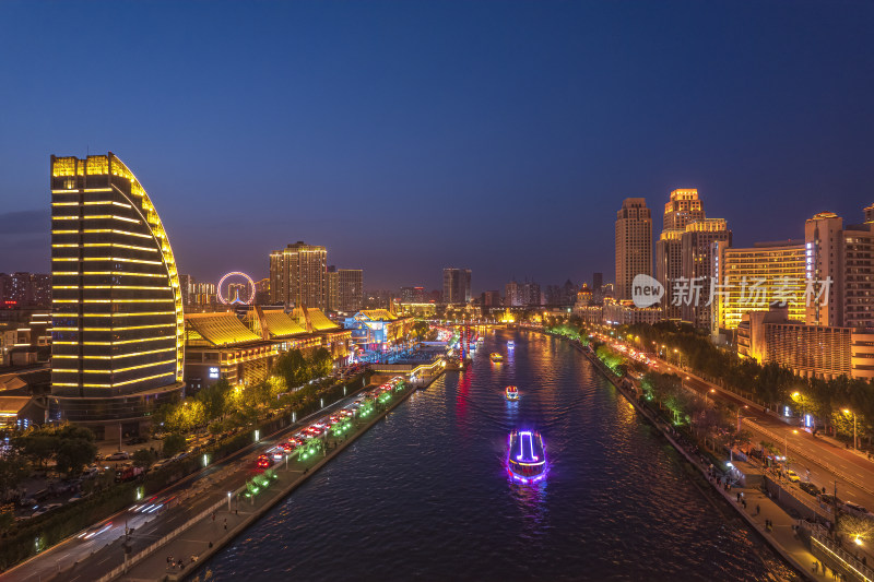 天津海河古文化街码头城市风光夜景航拍