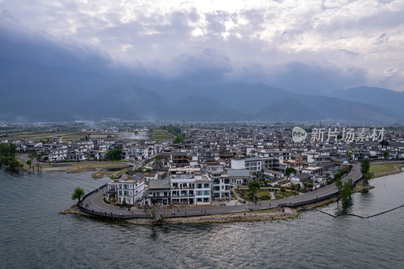 云南大理白族苍山洱海旁S弯高空航拍