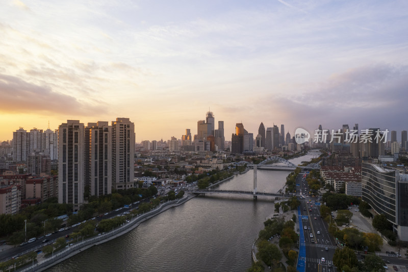 天津海河风景刘庄桥城市日落风光航拍