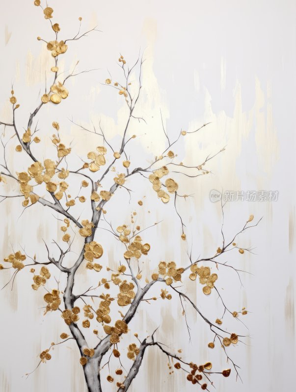 现代装饰画，金色金箔树叶