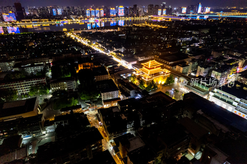 湖北襄阳城市夜景古城现代建筑航拍