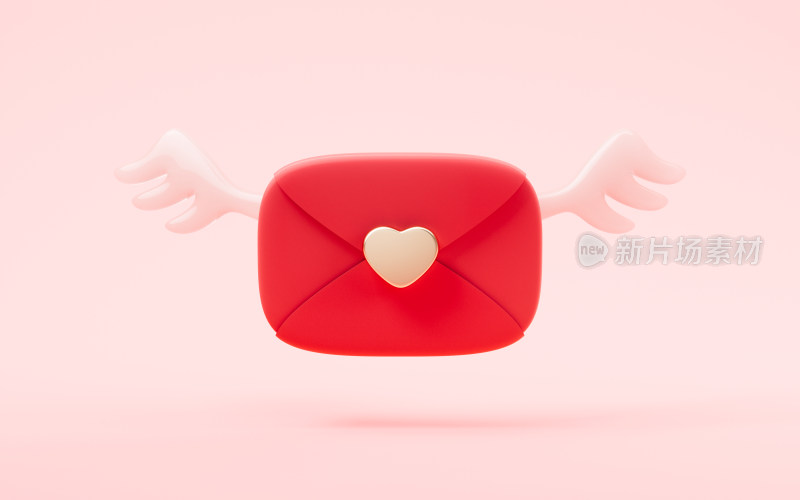 红色信封与爱心3D渲染