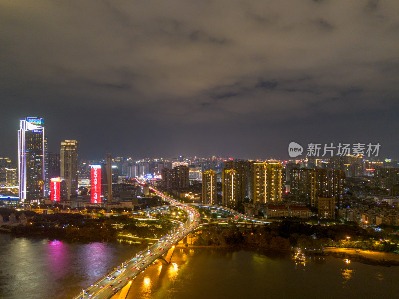 航拍福州城市夜景下与繁华立交桥及周边建筑