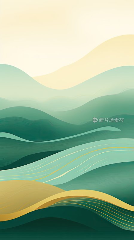 新中式山水画，绿金色渐变抽象背景