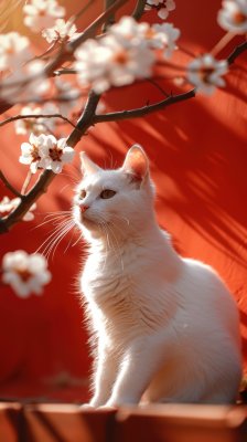 春日暖阳红墙白猫可爱猫咪晒太阳背景