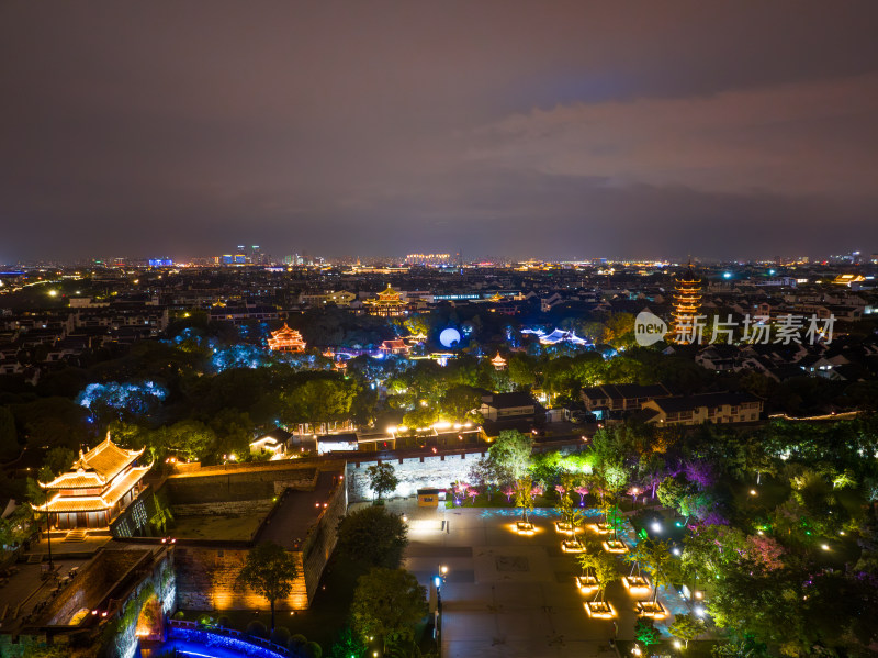 航拍苏州盘门景区中秋灯会夜景