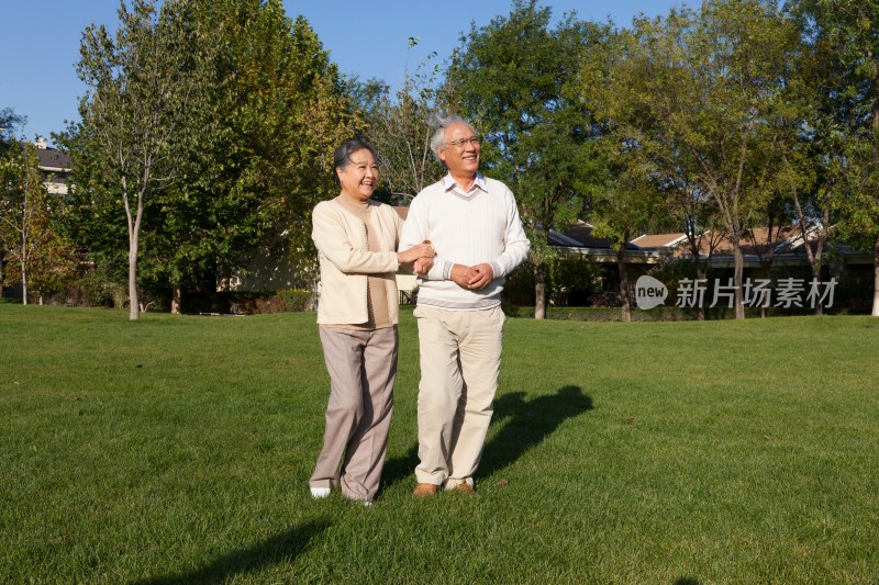 老年夫妻在草地散步