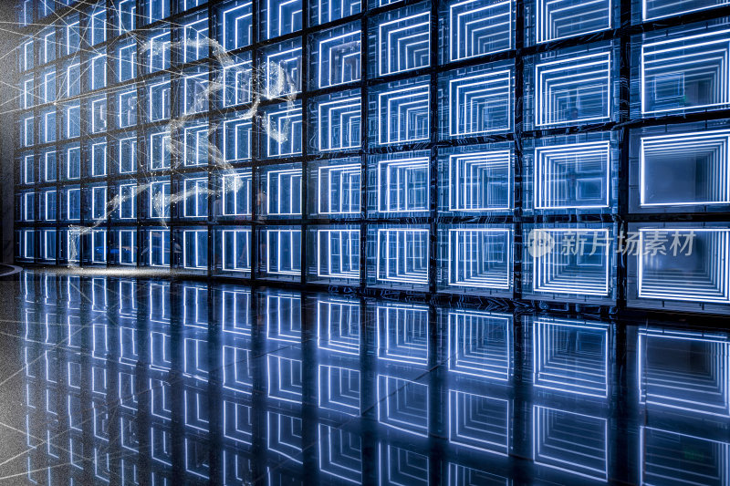 蓝色抽象光影墙面与地面场景