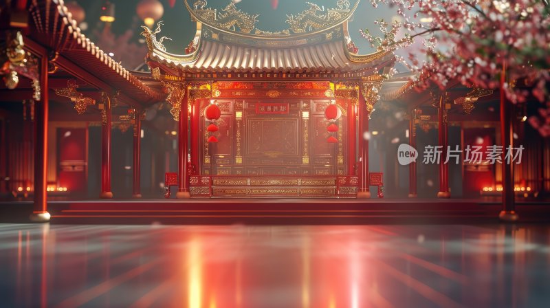 中国风亭台楼阁，喜庆中国年背景素材