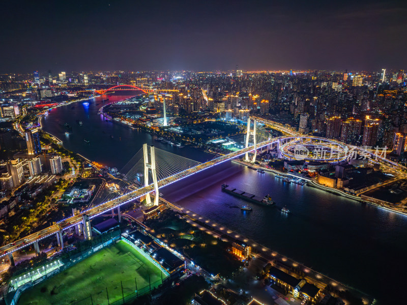 航拍上海黄浦江南浦大桥夜景