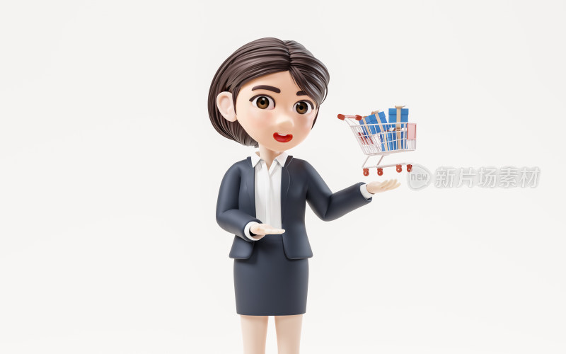 卡通商务女性与购物主题3D渲染