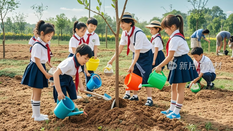 植树节忙碌的学生、志愿者在空地上植树造林