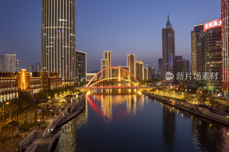 天津海河风景津湾CBD金融中心城市夜景航拍