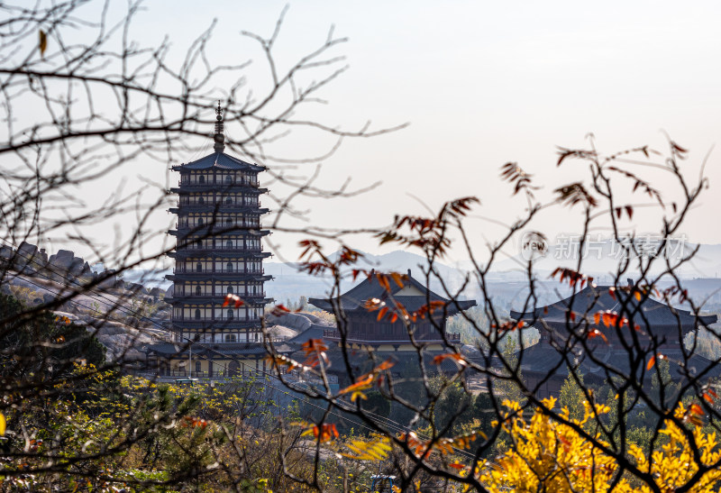 中式古塔秋日全景