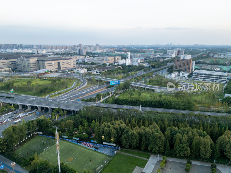 航拍四川成都郫都区城市建筑 交通 高速公路